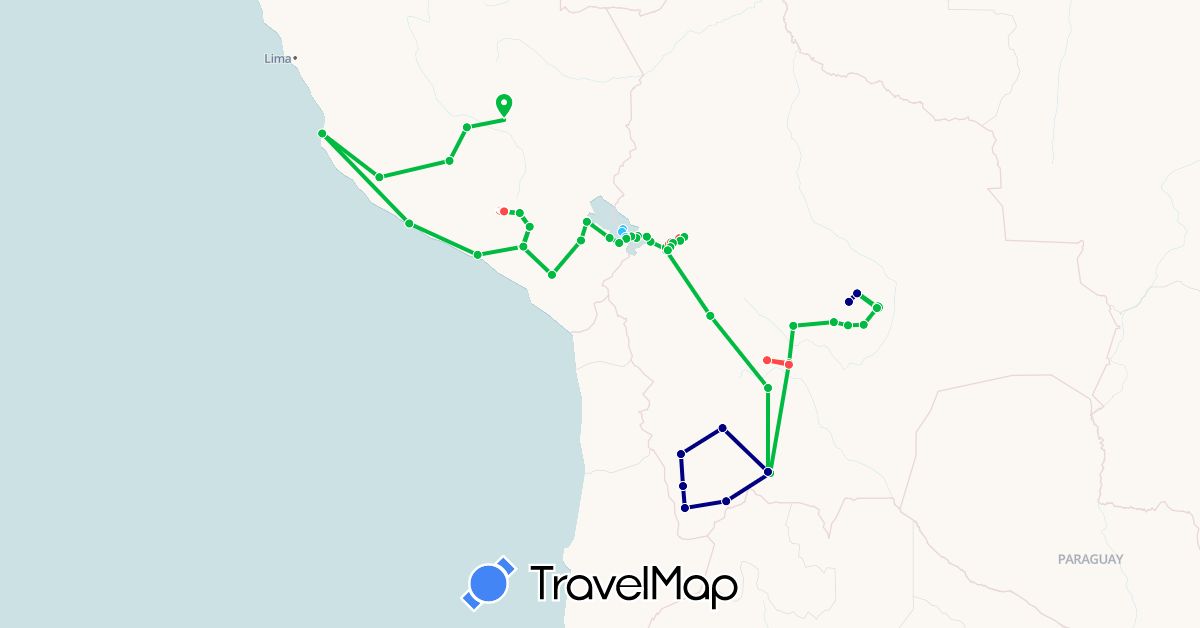 TravelMap itinerary: driving, bus, hiking, boat in Bolivia, Peru (South America)